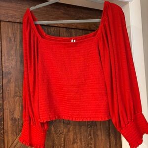 Anthropologie Red Ribbed Long Sleeve Crop Top